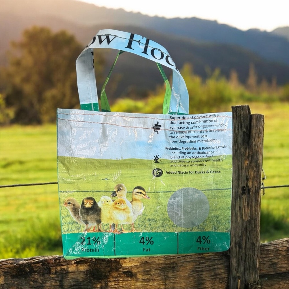 Reusable Chick Feed Tote Bag with Green & Blue Farm Print